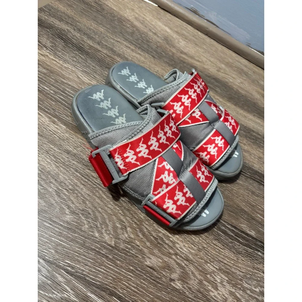 Kappa‎ Banda Mitel 1 Sandals Grey Red Logo Buckle Slide Sandals Mens 8.5